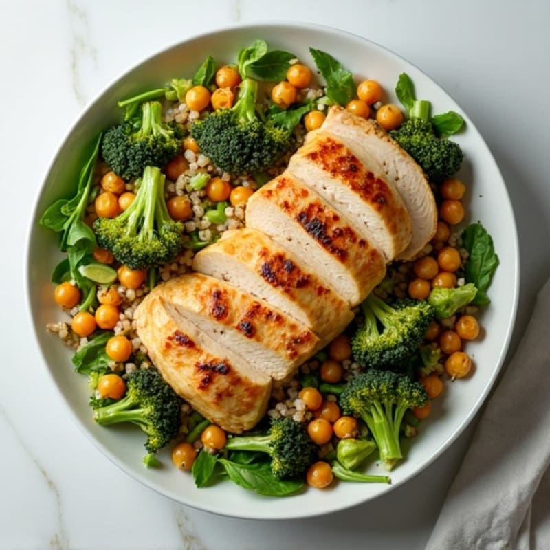 Grilled Chicken Breast Salad with Quinoa, Chickpeas, and Roasted Broccoli