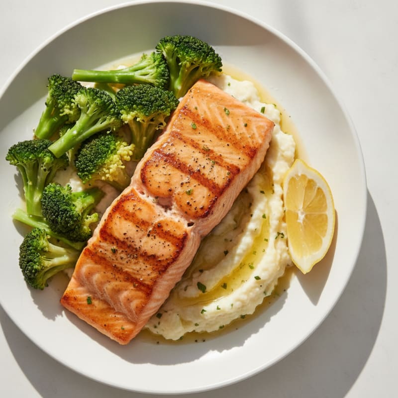Seared Salmon with Steamed Broccoli and Mashed Cauliflower