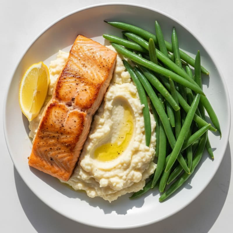 Seared Salmon with Steamed Green Beans and Garlic Mashed Cauliflower