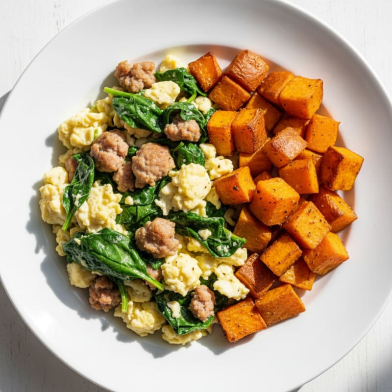 Egg White and Turkey Sausage Scramble with Spinach and Roasted Sweet Potatoes