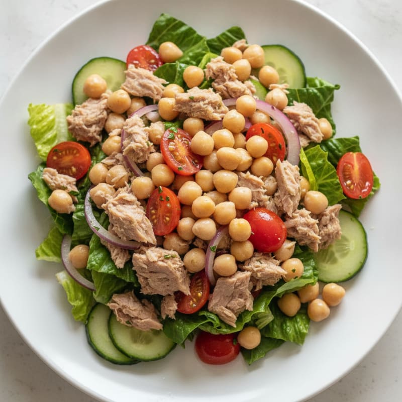 Tuna and Chickpea Salad with Lettuce, Tomatoes, and Cucumbers