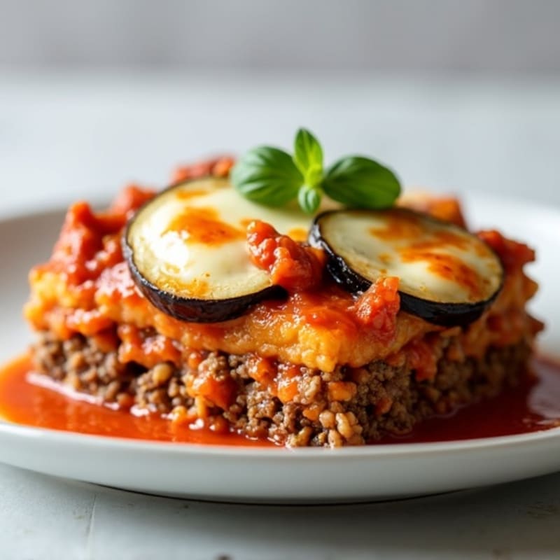 Layered Eggplant and Beef Casserole with Creamy Cauliflower Sauce