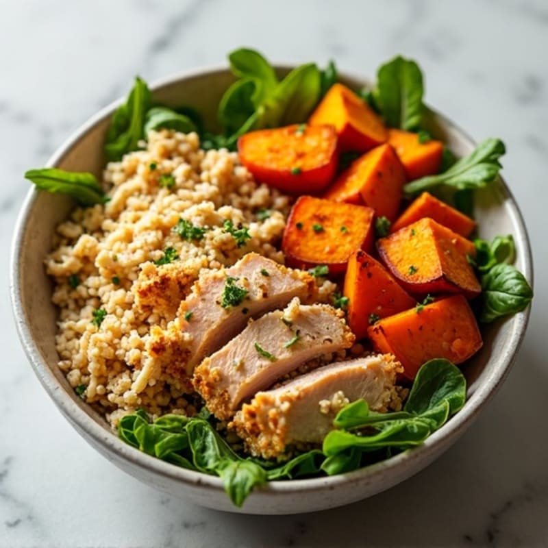 Crispy Shredded Chicken Bowl with Roasted Sweet Potatoes