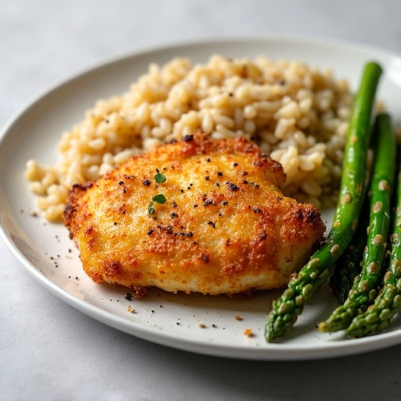 Crispy Lemon Garlic Chicken with Fluffy Brown Rice and Roasted Asparagus