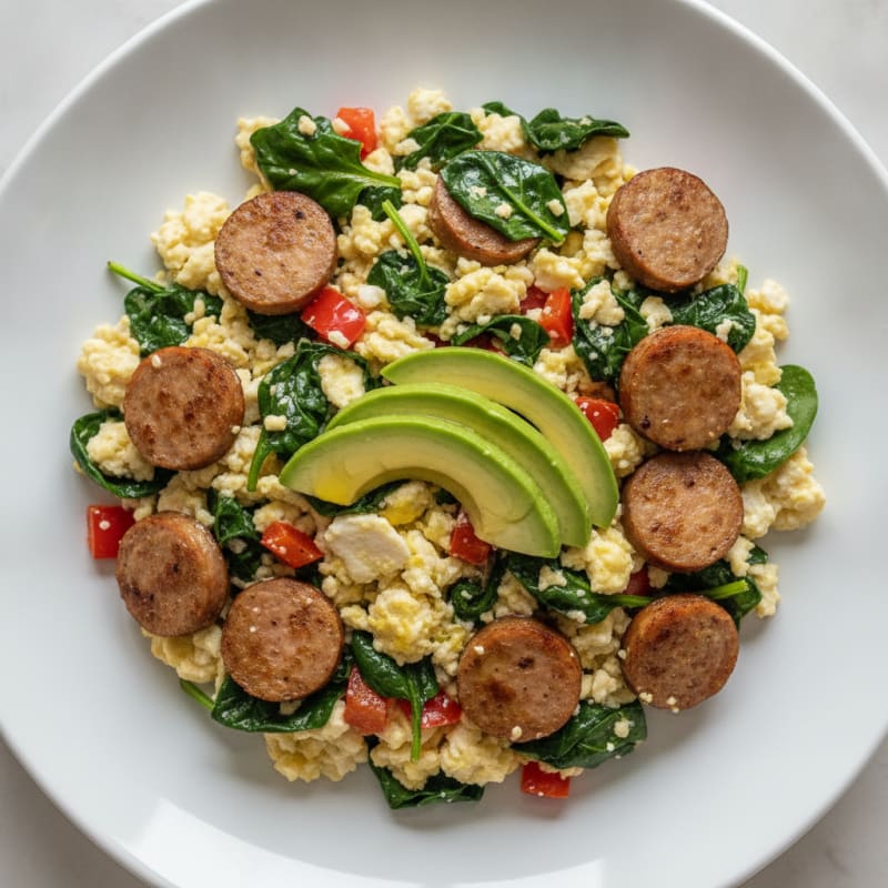 Egg White and Turkey Sausage Scramble with Sautéed Spinach