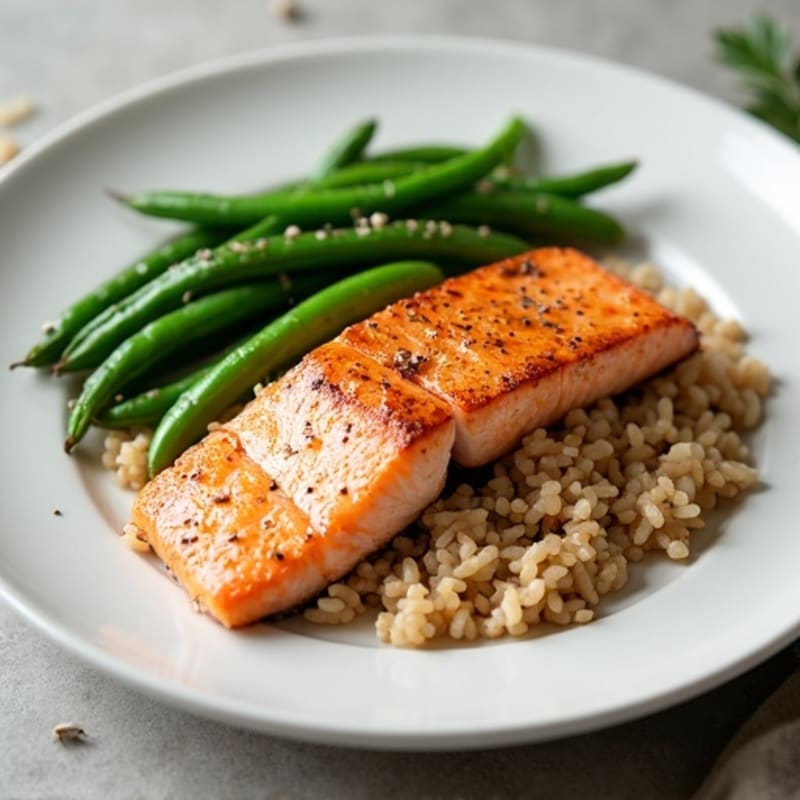Seared Salmon with Steamed Green Beans and Brown Rice