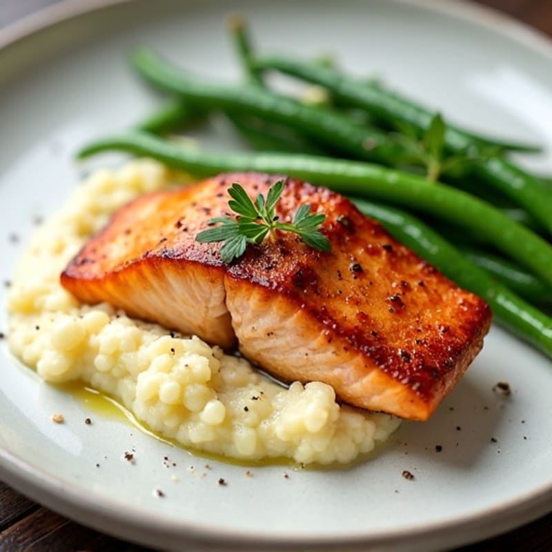Seared Salmon with Garlic Green Beans and Cauliflower Mash