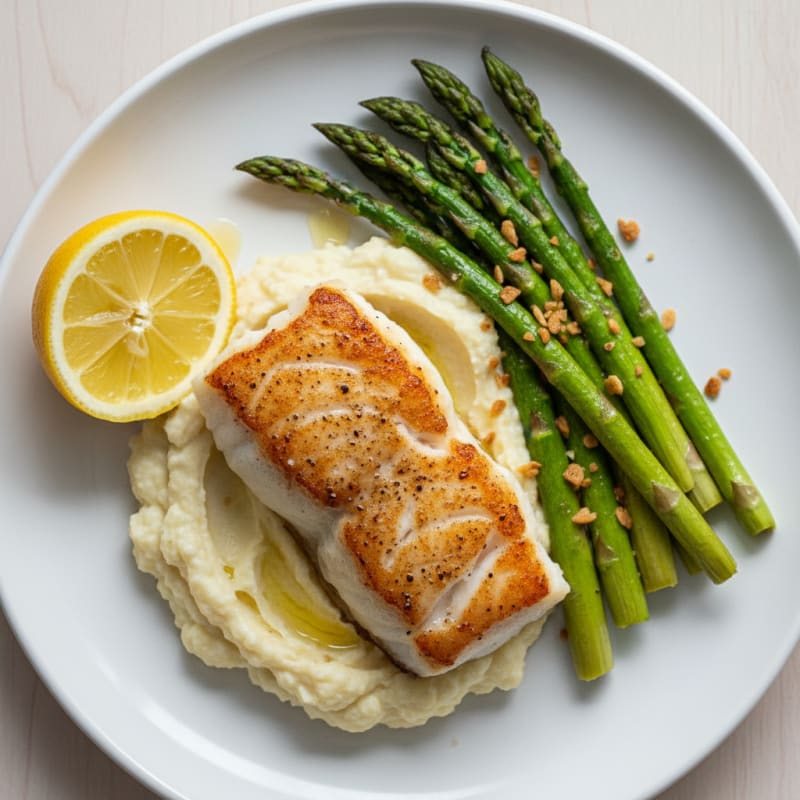 Seared Cod with Roasted Asparagus and Cauliflower Mash
