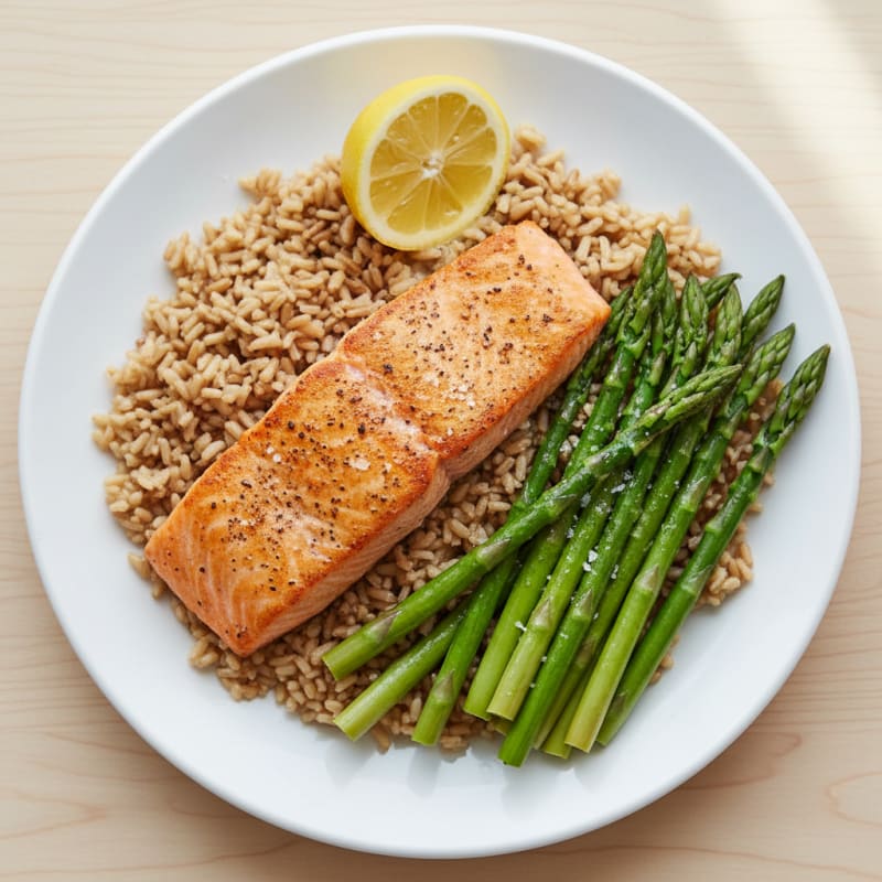 Seared Salmon with Steamed Asparagus and Brown Rice