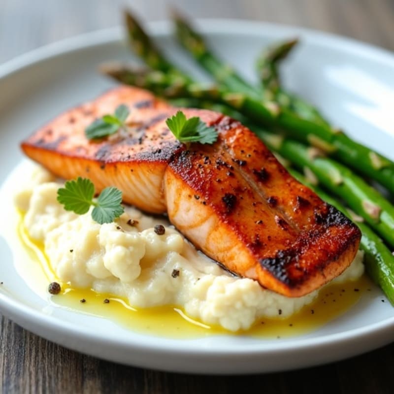 Seared Salmon Fillet with Roasted Asparagus and Cauliflower Mash