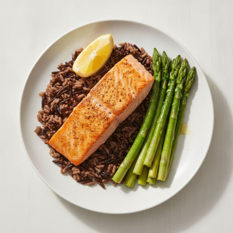 Seared Salmon with Steamed Asparagus and Wild Rice