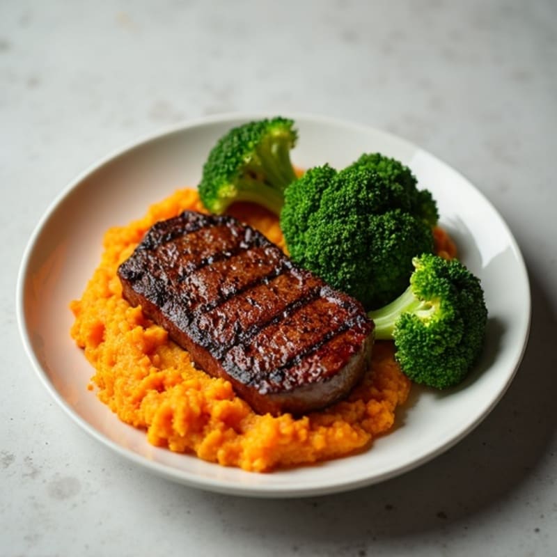 Seared Lean Beef with Roasted Broccoli and Sweet Potato Mash