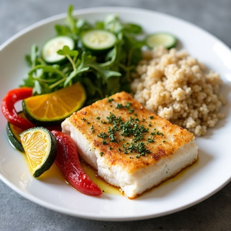 Seared White Fish with Herb-Roasted Vegetables and Quinoa Salad