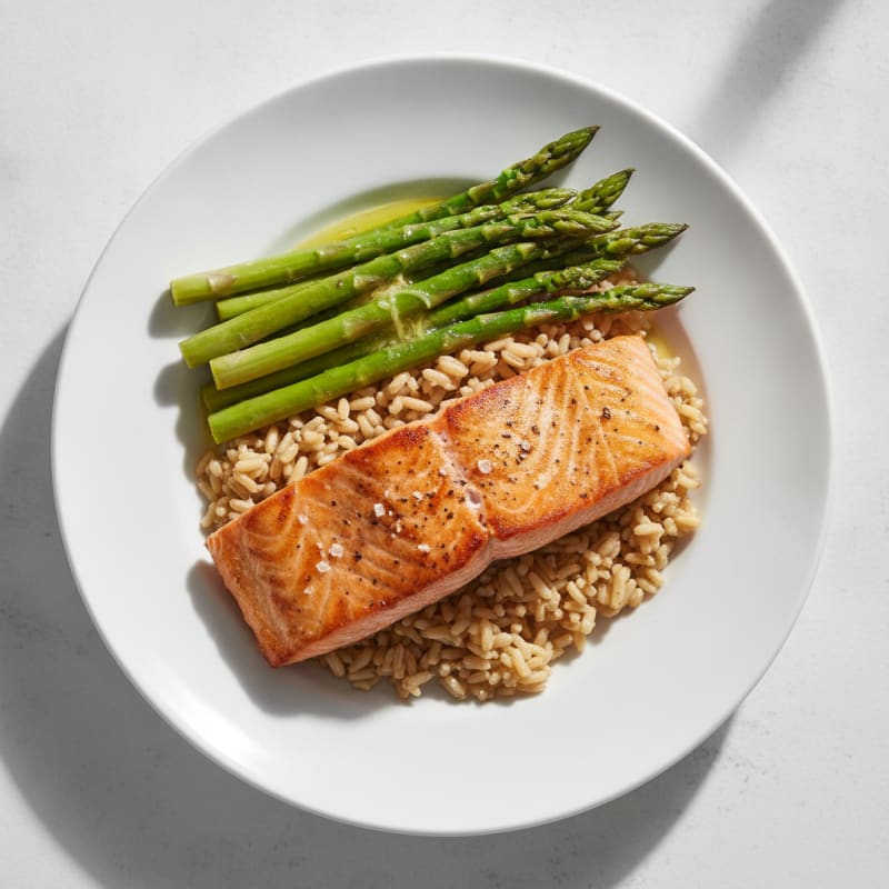 Seared Salmon Fillet with Steamed Asparagus and Brown Rice