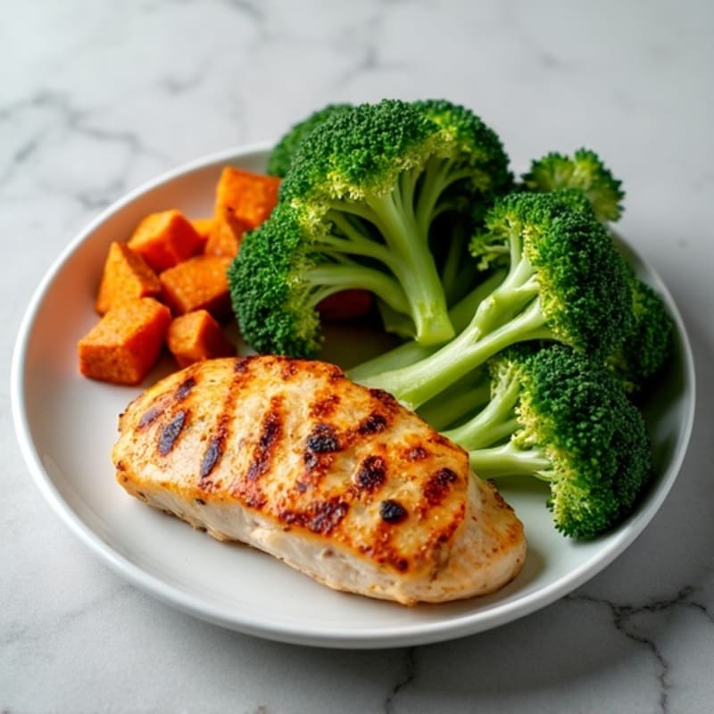 Grilled Chicken Breast with Roasted Sweet Potato and Steamed Broccoli