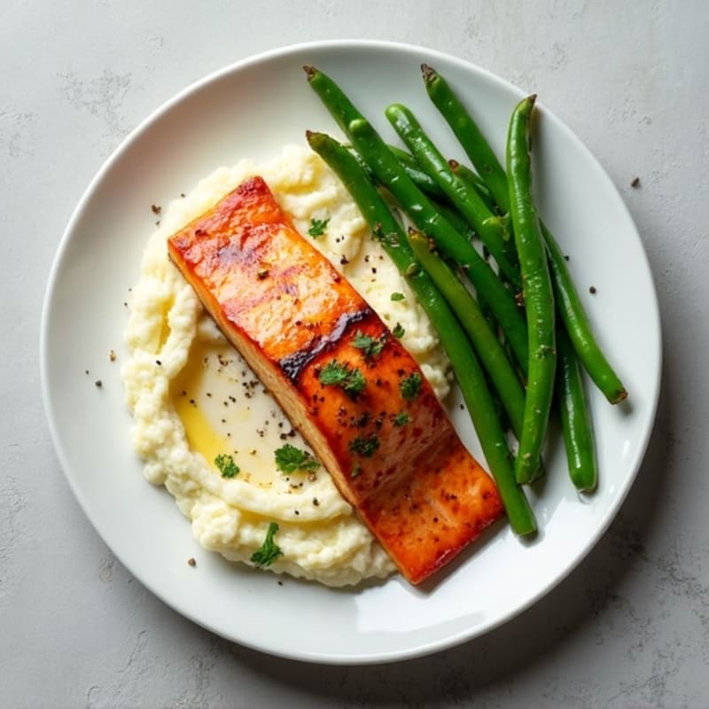 Seared Salmon with Steamed Green Beans and Herbed Cauliflower Mash