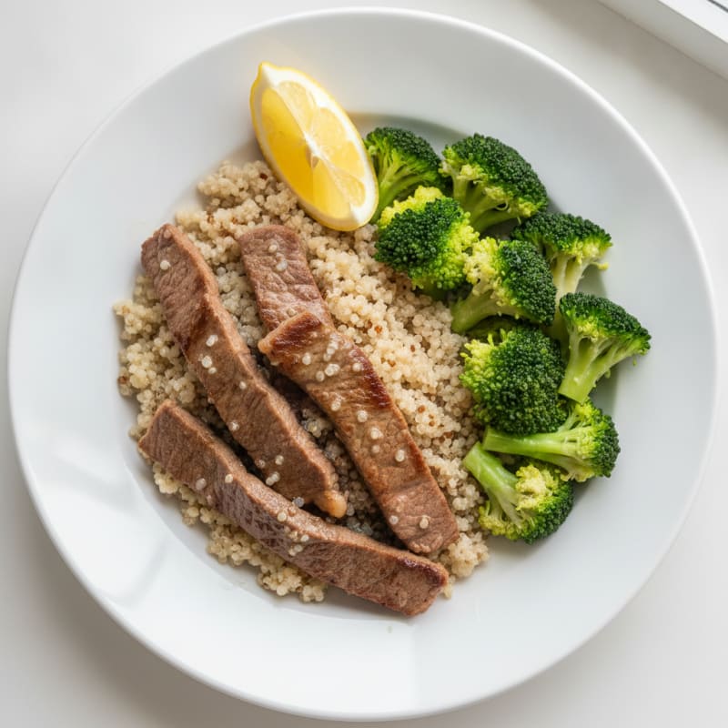 Seared Lean Beef Strips with Steamed Broccoli and Quinoa