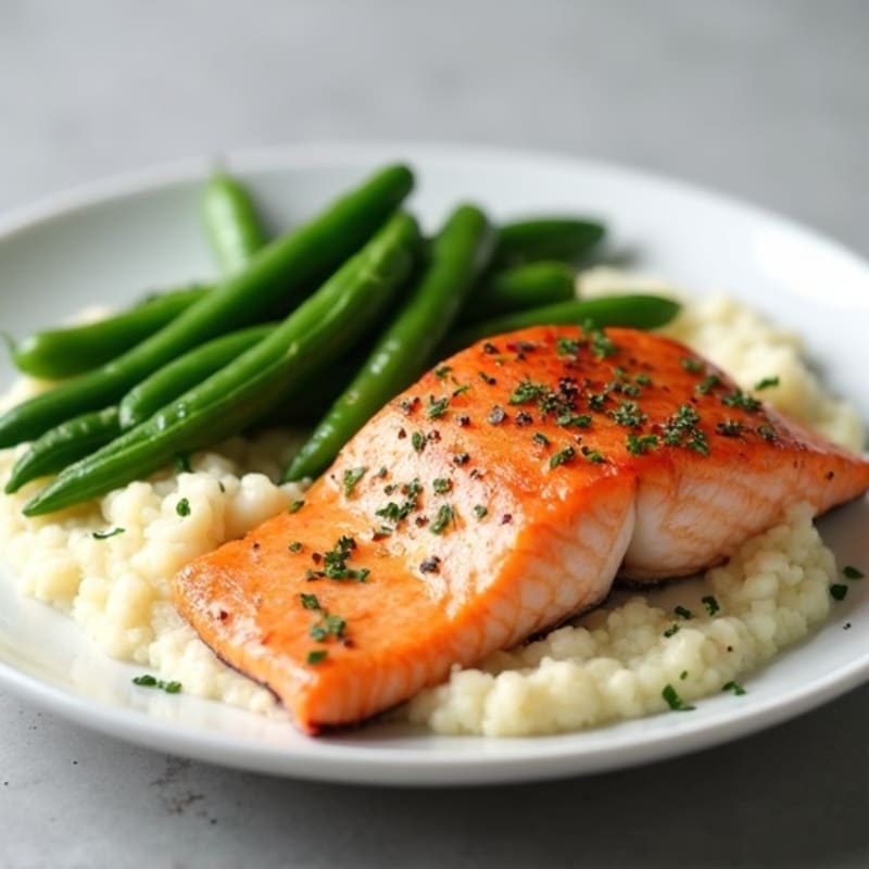 Seared Salmon Fillet with Garlic Green Beans and Cauliflower Mash
