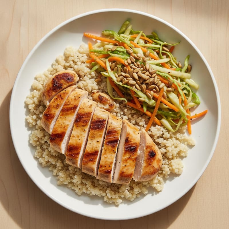 Grilled Chicken Breast with Crunchy Cabbage Slaw and Quinoa