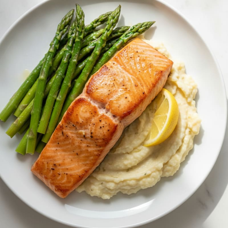 Seared Salmon Fillet with Steamed Asparagus and Cauliflower Mash