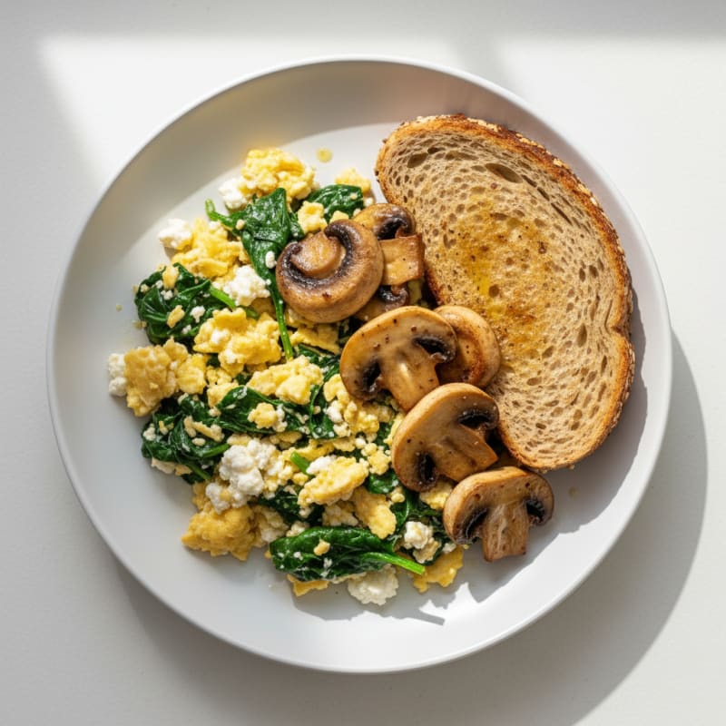 Cottage Cheese Scramble with Spinach and Sautéed Mushrooms