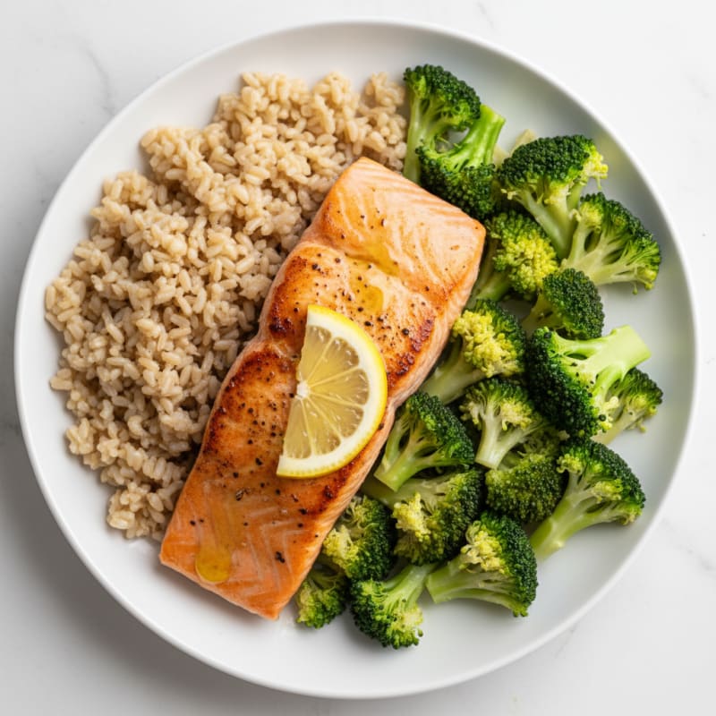 Seared Salmon with Steamed Broccoli and Brown Rice