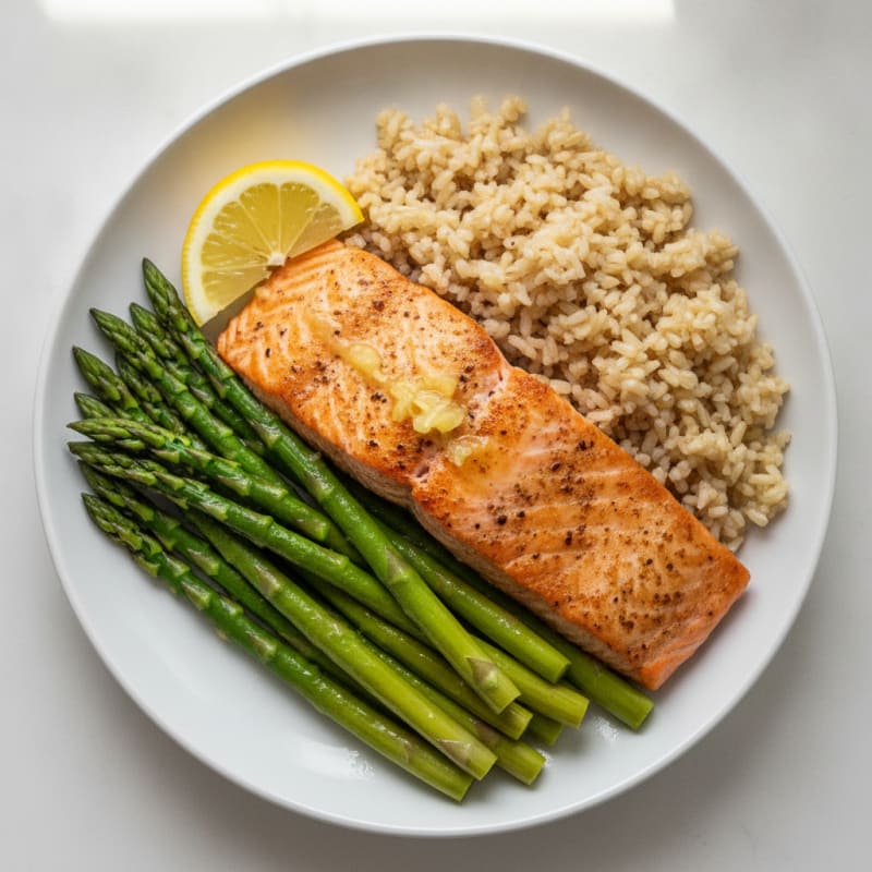 Seared Salmon Fillet with Steamed Asparagus and Brown Rice