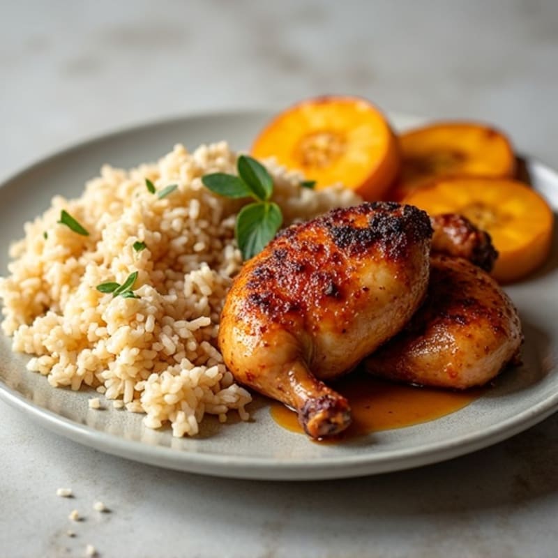 Allspice and Chili Roasted Chicken with Fluffy Coconut Rice and Sweet Roasted Plantains