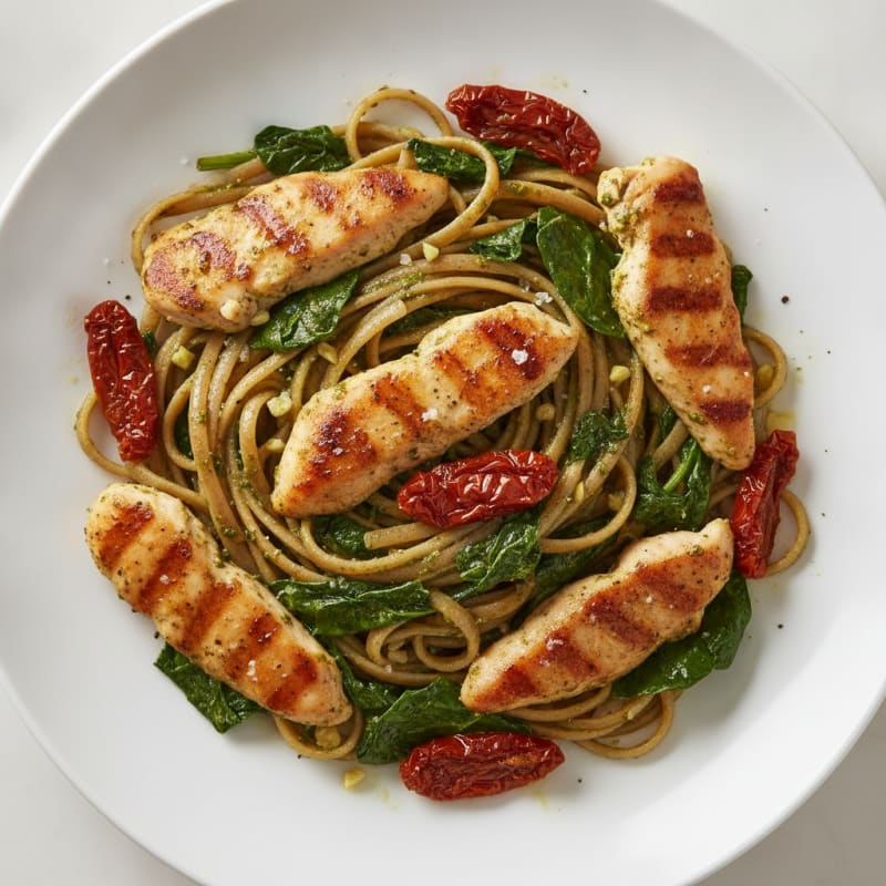 Pesto Chicken Linguine with Sun-Dried Tomatoes