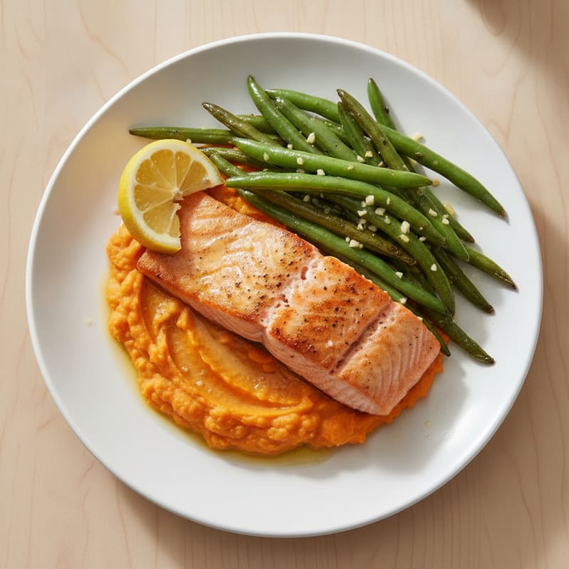 Seared Salmon with Garlic Green Beans and Sweet Potato Mash