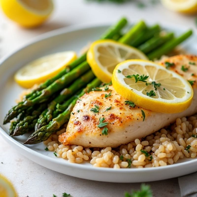 Lemon Herb Chicken with Brown Rice and Roasted Asparagus