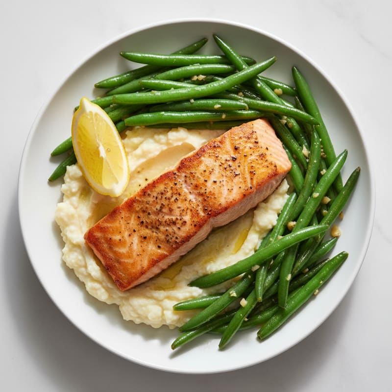 Seared Salmon with Garlic Green Beans and Cauliflower Mash