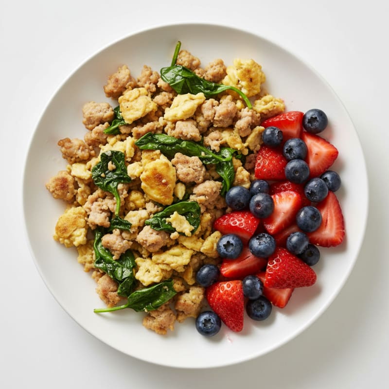 Turkey Sausage Scramble with Spinach and Mixed Berries
