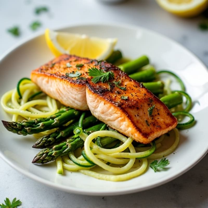 Seared Salmon with Sautéed Asparagus and Zucchini Noodles