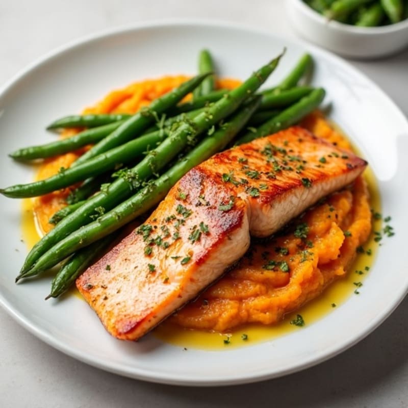 Seared Salmon with Garlic Green Beans and Sweet Potato Mash