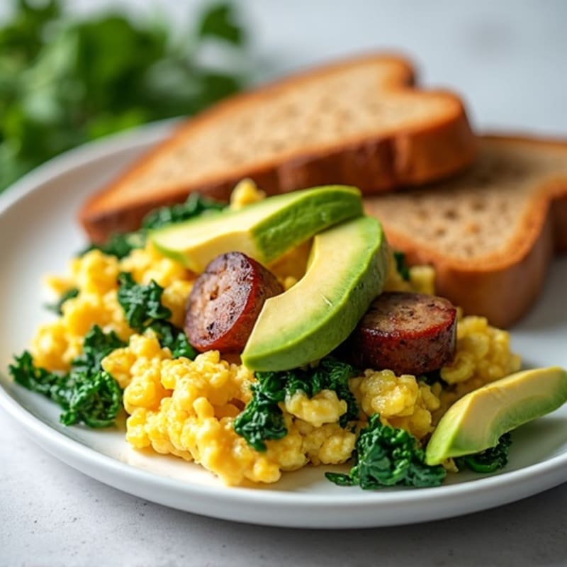 Egg White Scramble with Turkey Sausage and Sautéed Spinach