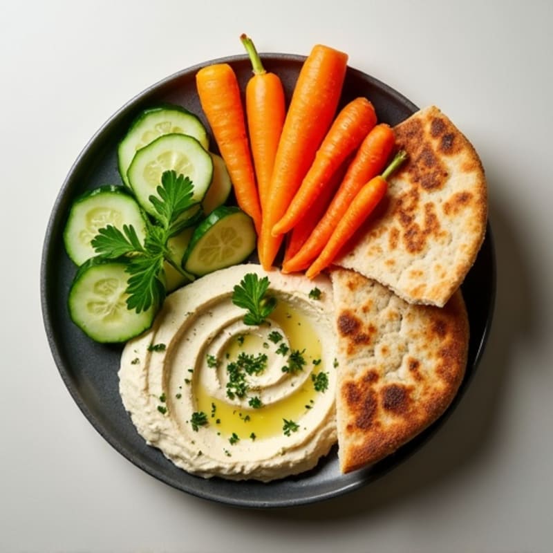 Creamy Herb Hummus Platter with Crisp Vegetables and Warm Whole Grain Pita