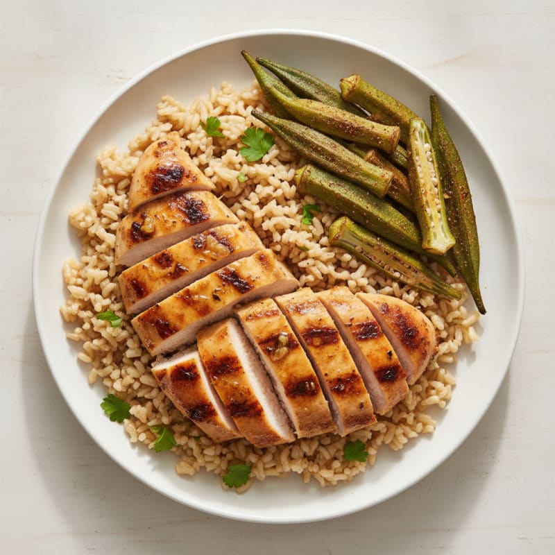 Grilled Chicken Breast with Roasted Okra and Brown Rice