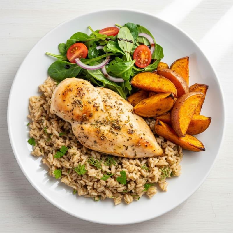 Oven-Baked Chicken Breast with Herb Rice and Roasted Sweet Potatoes