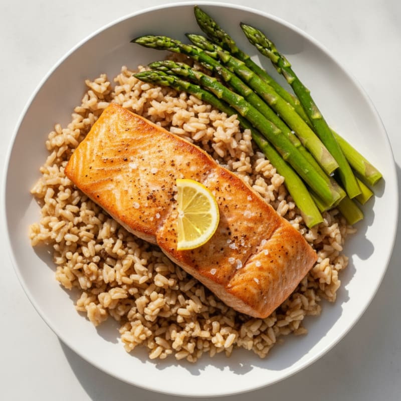 Seared Salmon with Steamed Asparagus and Brown Rice