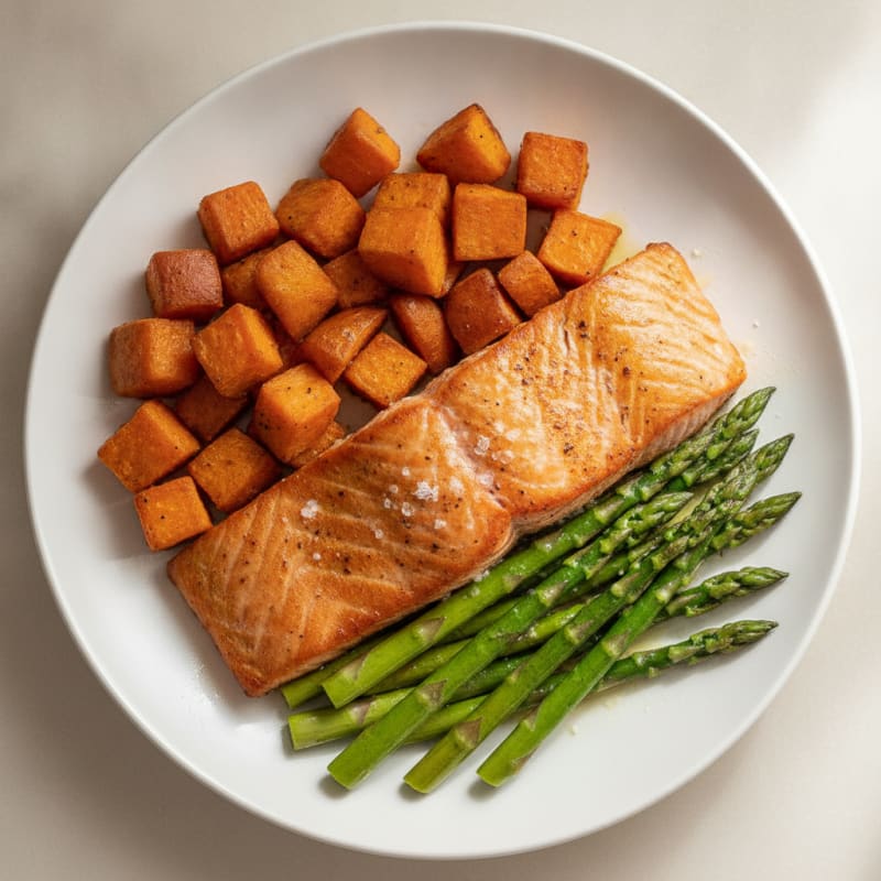 Seared Salmon with Roasted Sweet Potatoes and Asparagus