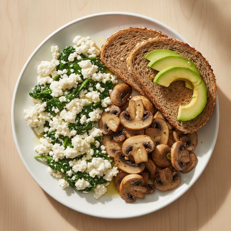 Egg White Spinach Scramble with Cottage Cheese and Sautéed Mushrooms
