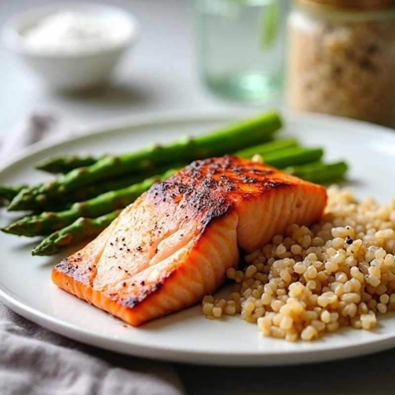 Seared Salmon with Steamed Asparagus and Brown Rice