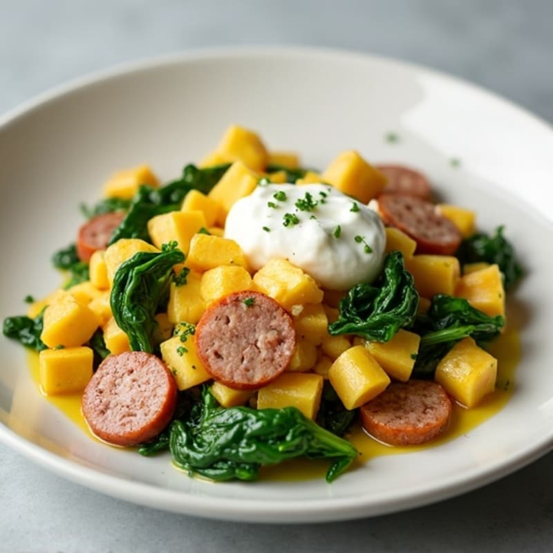 Egg White and Turkey Sausage Scramble with Spinach and Cottage Cheese