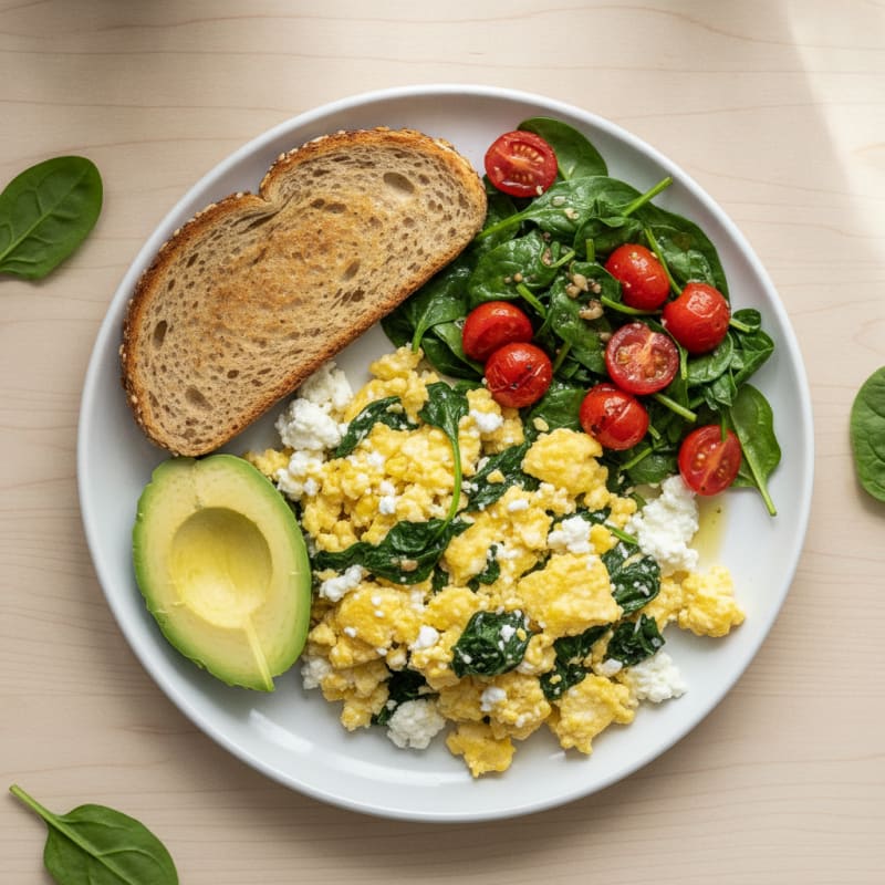 Cottage Cheese Scramble with Sautéed Spinach and Cherry Tomatoes