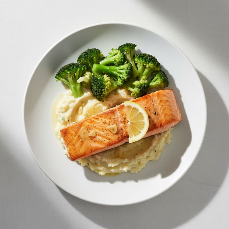 Seared Salmon with Steamed Broccoli and Garlic Cauliflower Mash