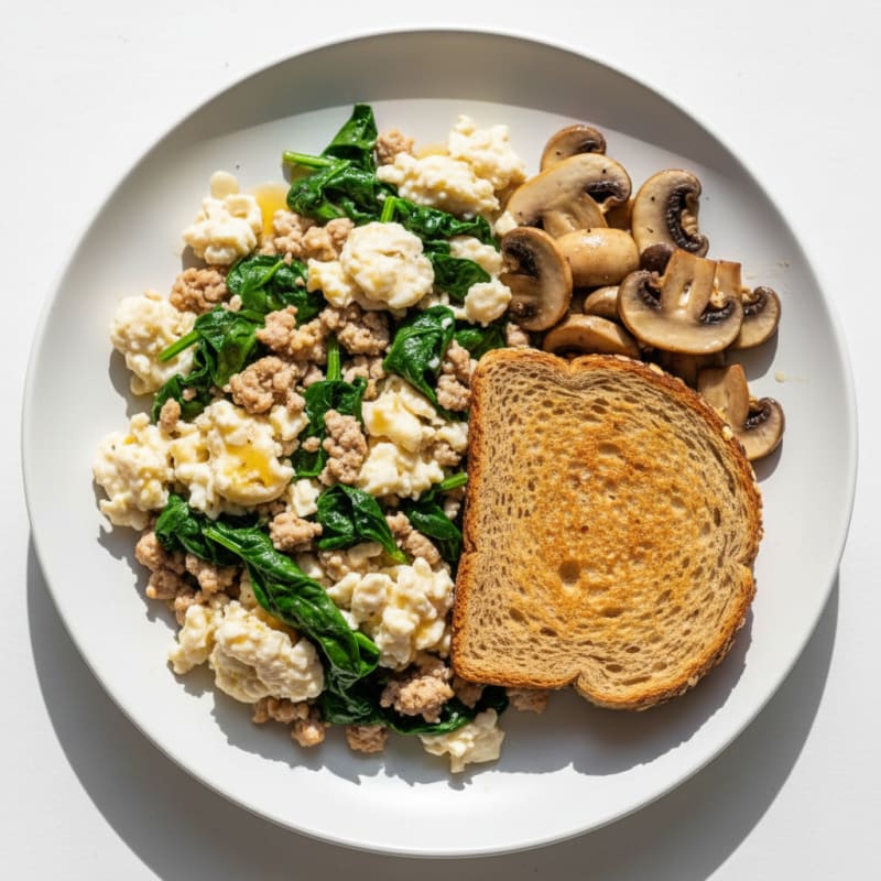 Egg White and Turkey Spinach Scramble with Sautéed Mushrooms