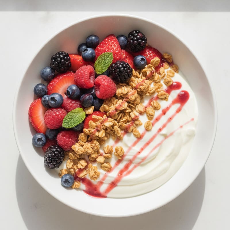Greek Yogurt Protein Parfait with Mixed Berries and Protein Granola
