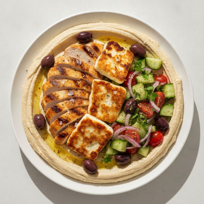 Hummus Platter with Grilled Halloumi and Olives