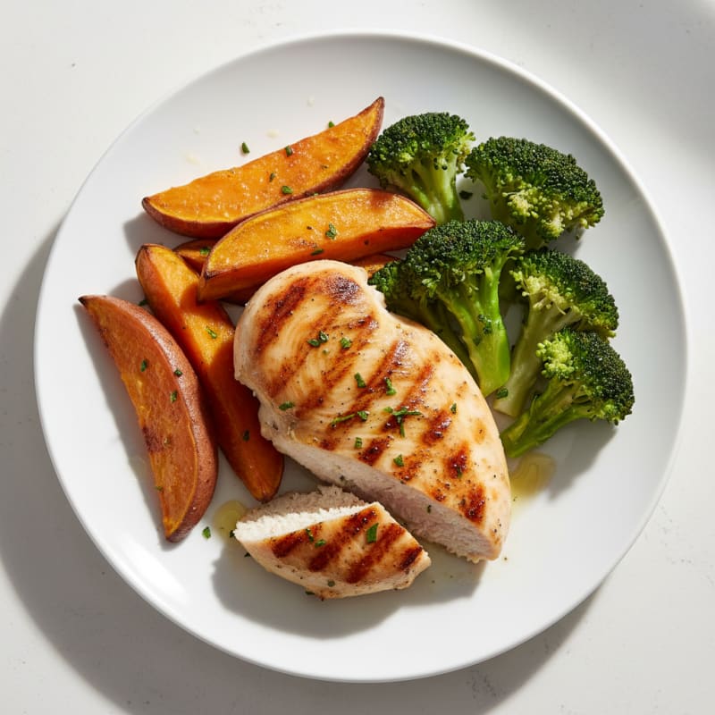 Grilled Chicken Breast with Roasted Sweet Potato and Steamed Broccoli
